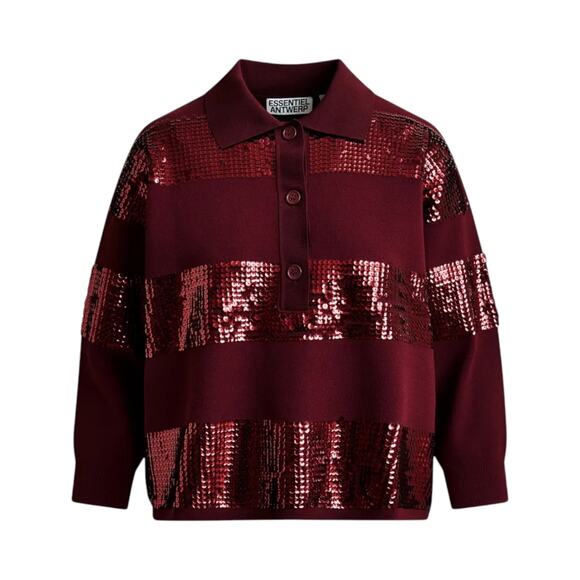 ESSENTIEL ANTWERP Illuminati Sequin Striped Polo Shirt in Wine S